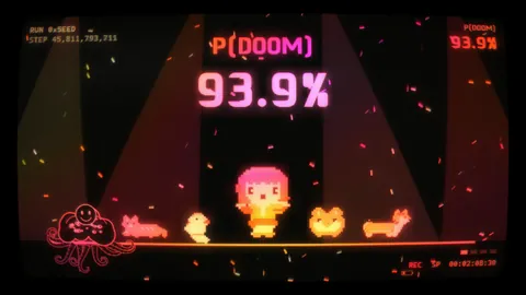 The cast on stage under red spotlights, P(DOOM) 93.9 percent.