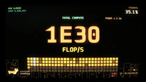 1E30 FLOP/S over a skyline of compute.