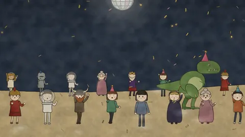 Everyone dances under a mirror ball as folded stars fall like confetti.