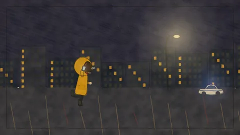A crayon memory: the girl in the yellow raincoat running through the rain, a police car behind her.