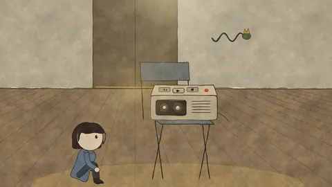 An answering machine on a folding chair; the narrator hugs her knees on the floor beside it.