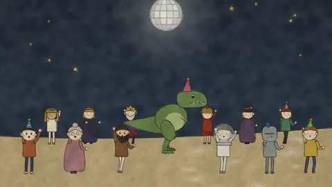 A party under a mirror-ball moon, with a T. rex in a party hat.