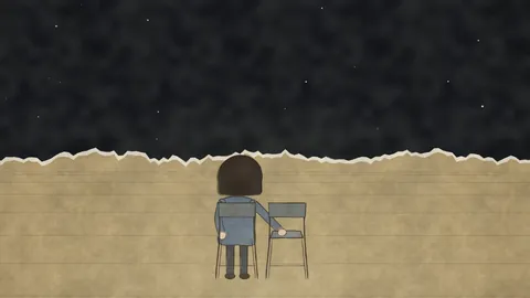 From behind, the narrator sits at the torn edge of the page, her hand on an empty chair.