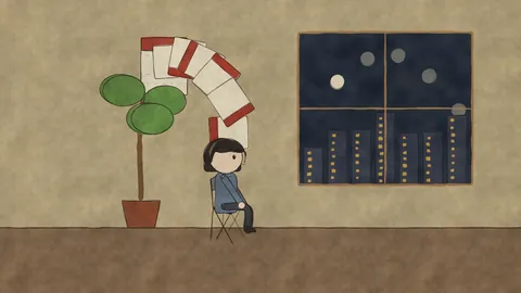 She sits by a window as calendar pages fly and a city grows outside.